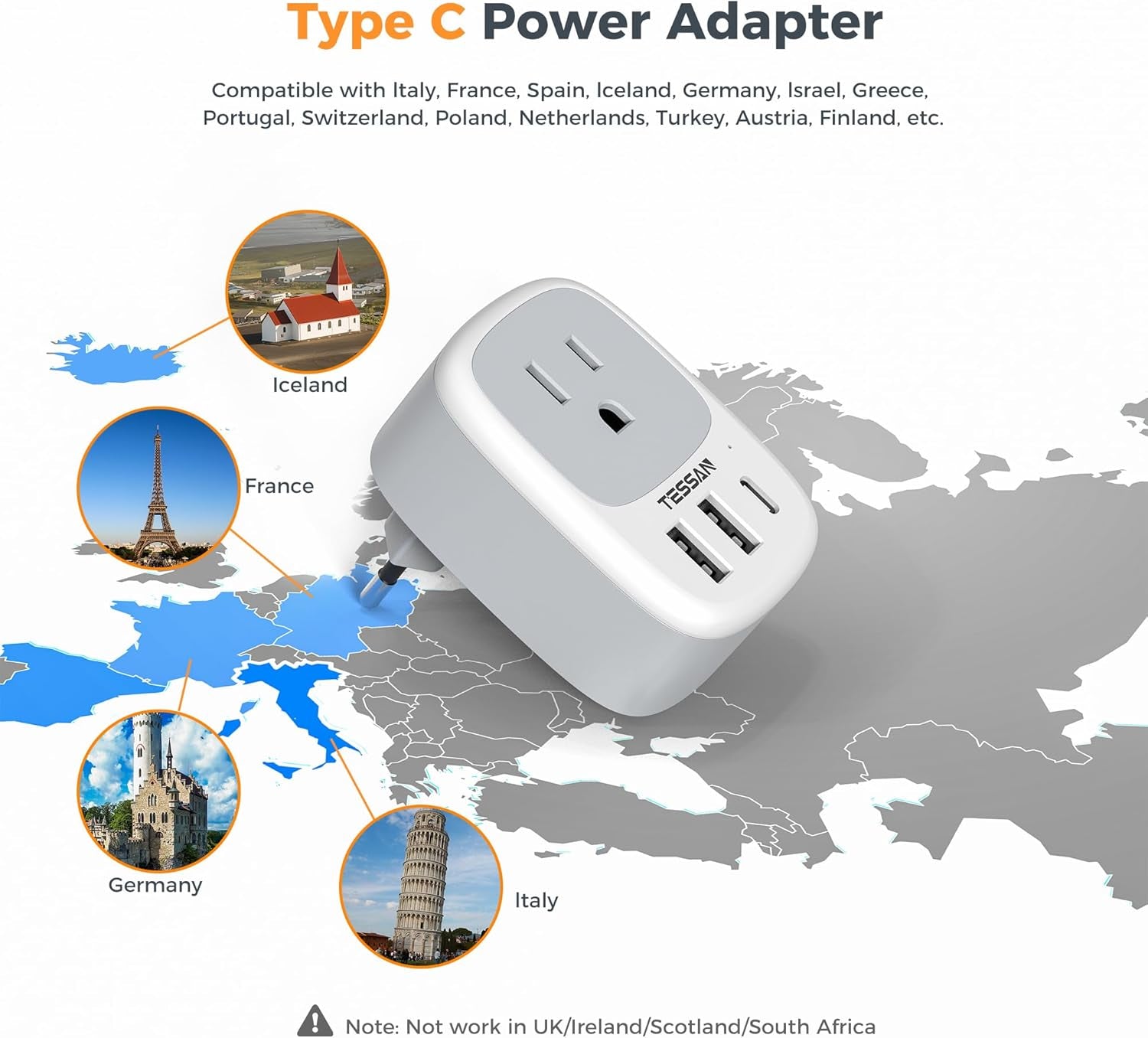 UK Ireland Hong Kong Power Adapter, International Travel Plug with 3 USB Ports (1 USB C), Type G Converter Outlet Adaptor Charger for USA to British England Scotland Irish Qatar London