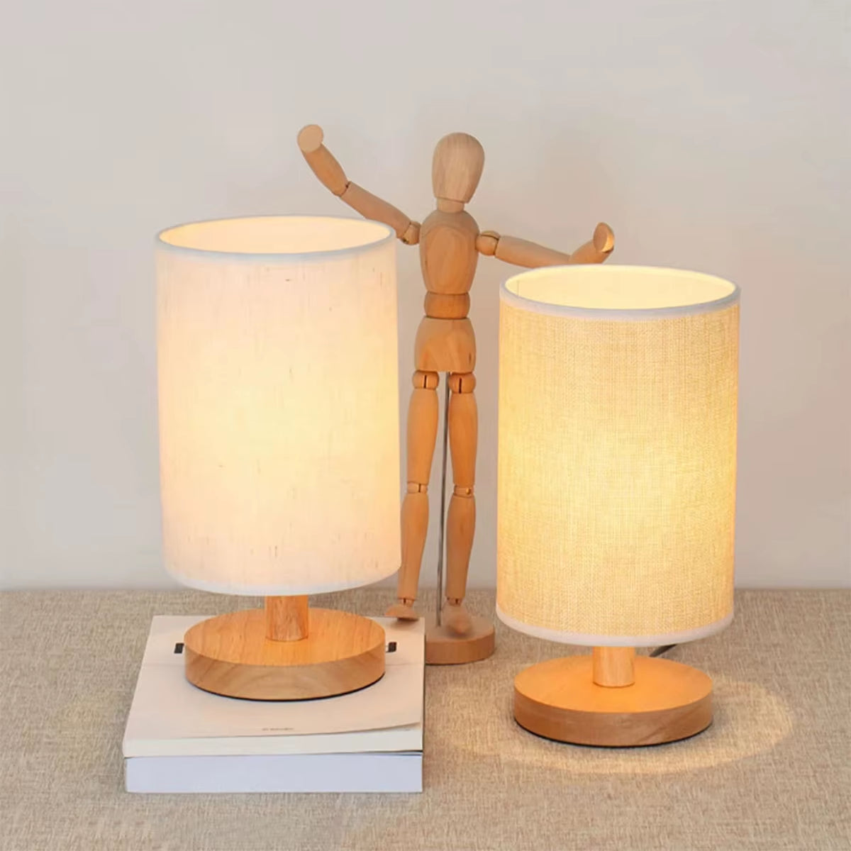 USB Bedside Lamp Night Lights Table Lamp for Bedroom Wooden Desk Lamp Bedside Night Light with Cylinder Lamp Shade Home Decor